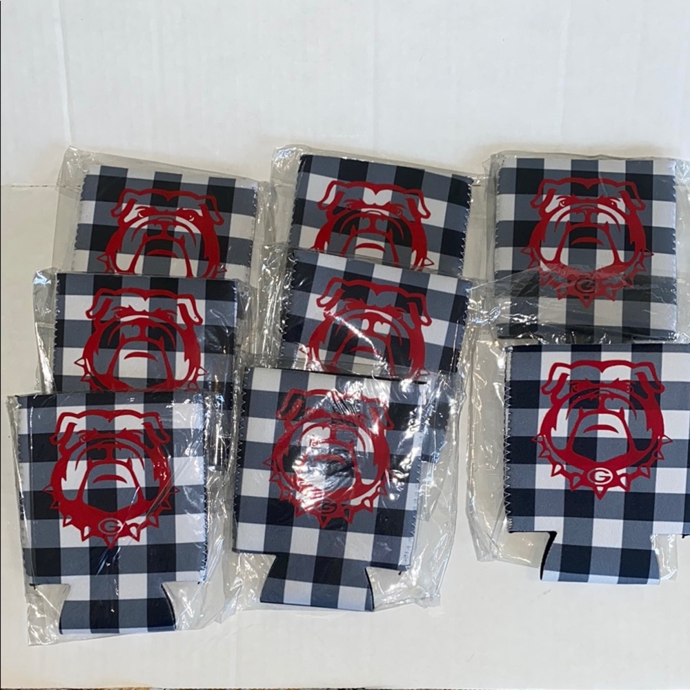 Georgia Bulldog Koozies 8 Black Buffalo Plaid With Red Bulldog Face